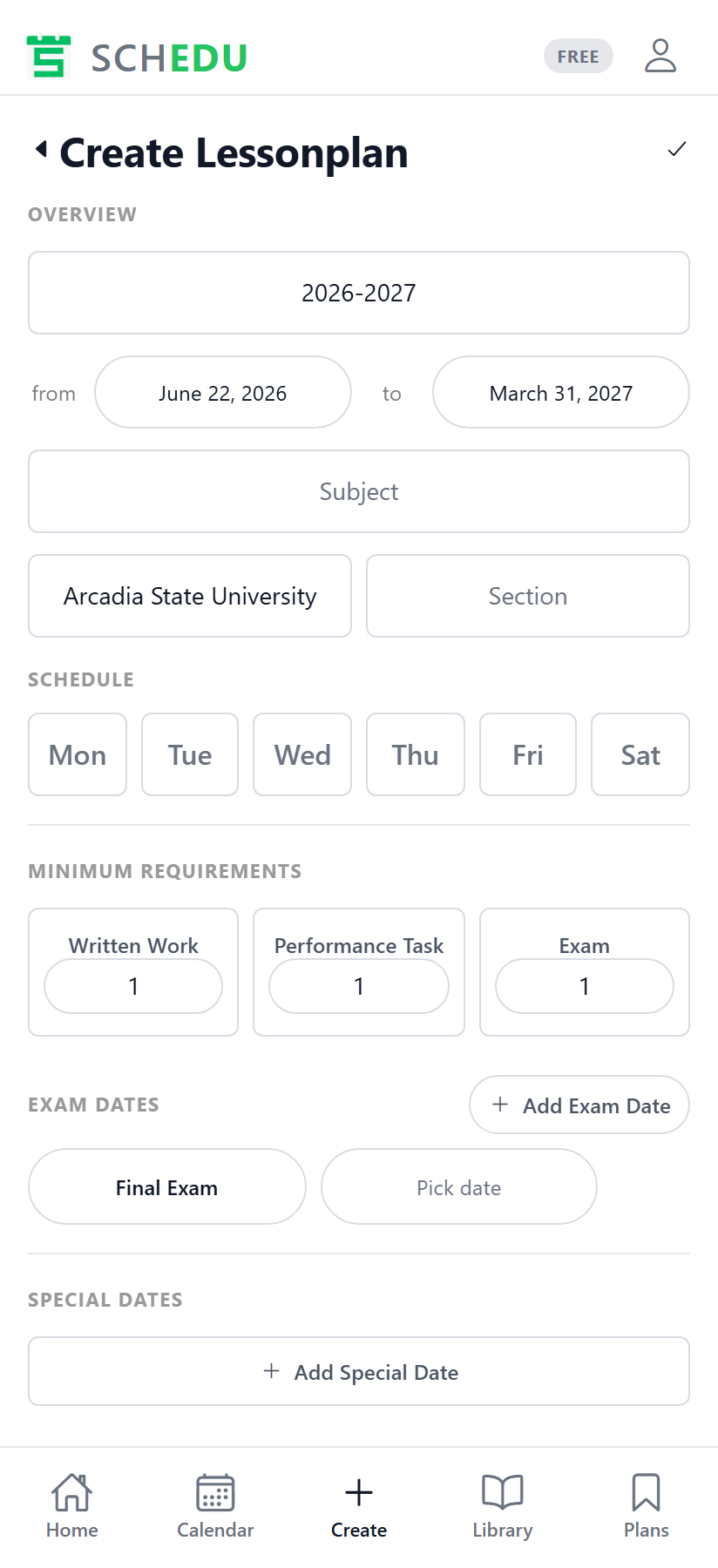 SchEDU setup: subject, class days, and how many quizzes, performance tasks, and exams